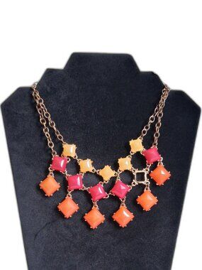 Multicolored Stones and Gold Toned Chain Bib Style Statement Fashion Necklace